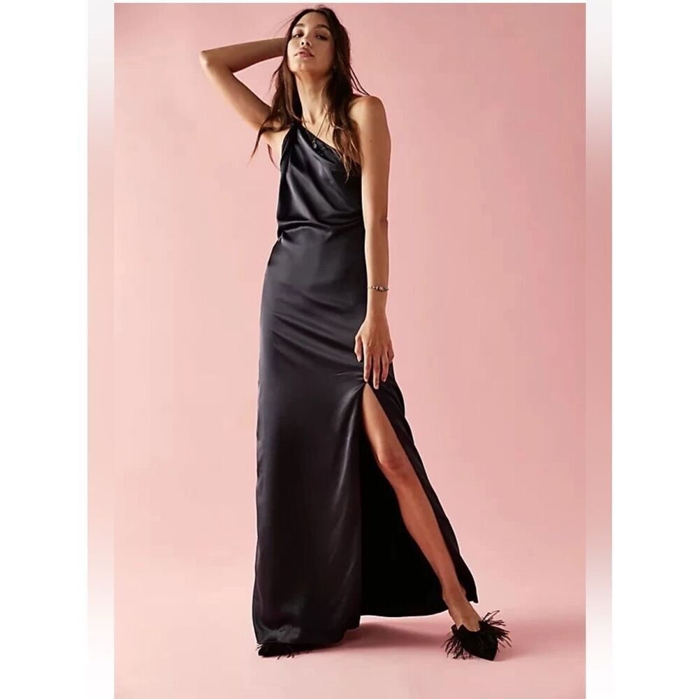 FREE PEOPLE VICTORIA MAXI DRESS SATIN MAXI GOWN BLACK Sz 6